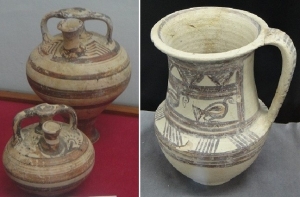 Mycenaean style stirrup jars made in Cyprus 1,450-1,225 BC and Mycenaean ware beaker found in Cyprus 1,400-1,190 BC - sources Guzelyurt and St Barnabas Museums